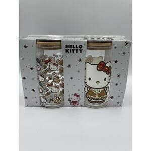Sanrio Hello Kitty Christmas Gingerbread Glass Tumbler W/ Straw 16oz Set of 2